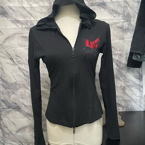 Stylish Black Zip-Up Jacket with Red Detail